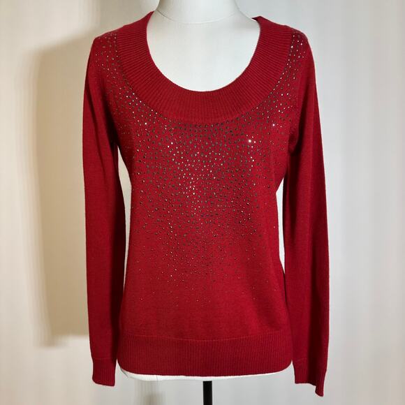 NWOT Calvin Klein Red Wool Blend Embellished Sparkle Sweater Womens Size Small S - Picture 1 of 9